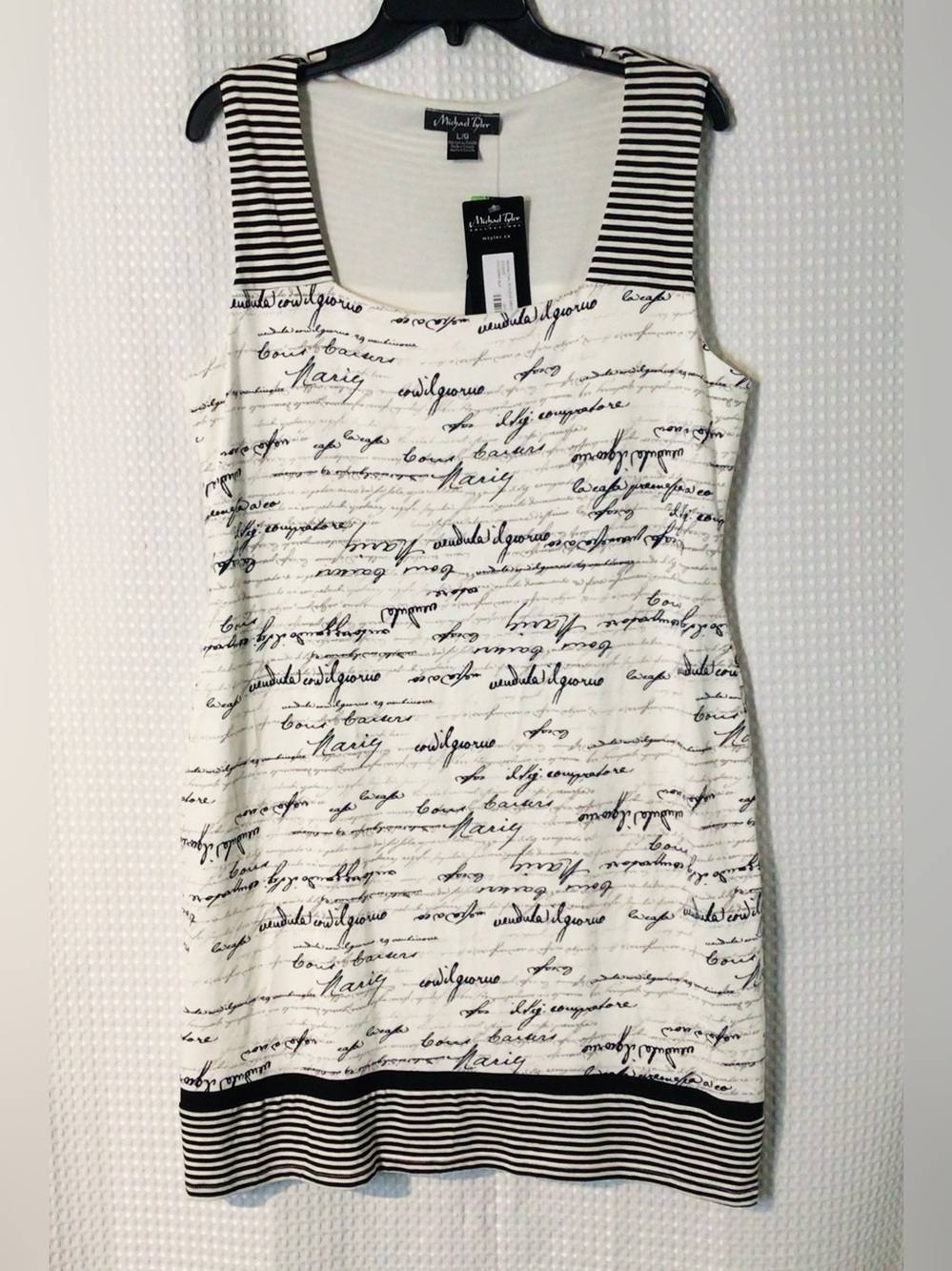 Michael Tyler Writing On The Wall Script Dress L Ivory Black Stretch Knit NWT